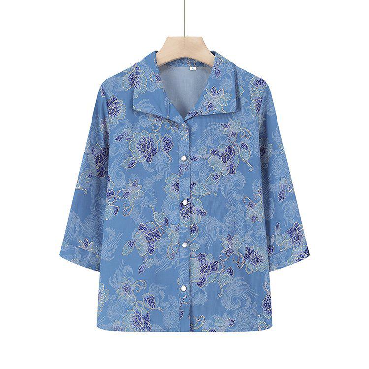 Printed Short-Sleeve Shirt for Middle-Aged Women, Loose Lapel Cardigan for Seniors