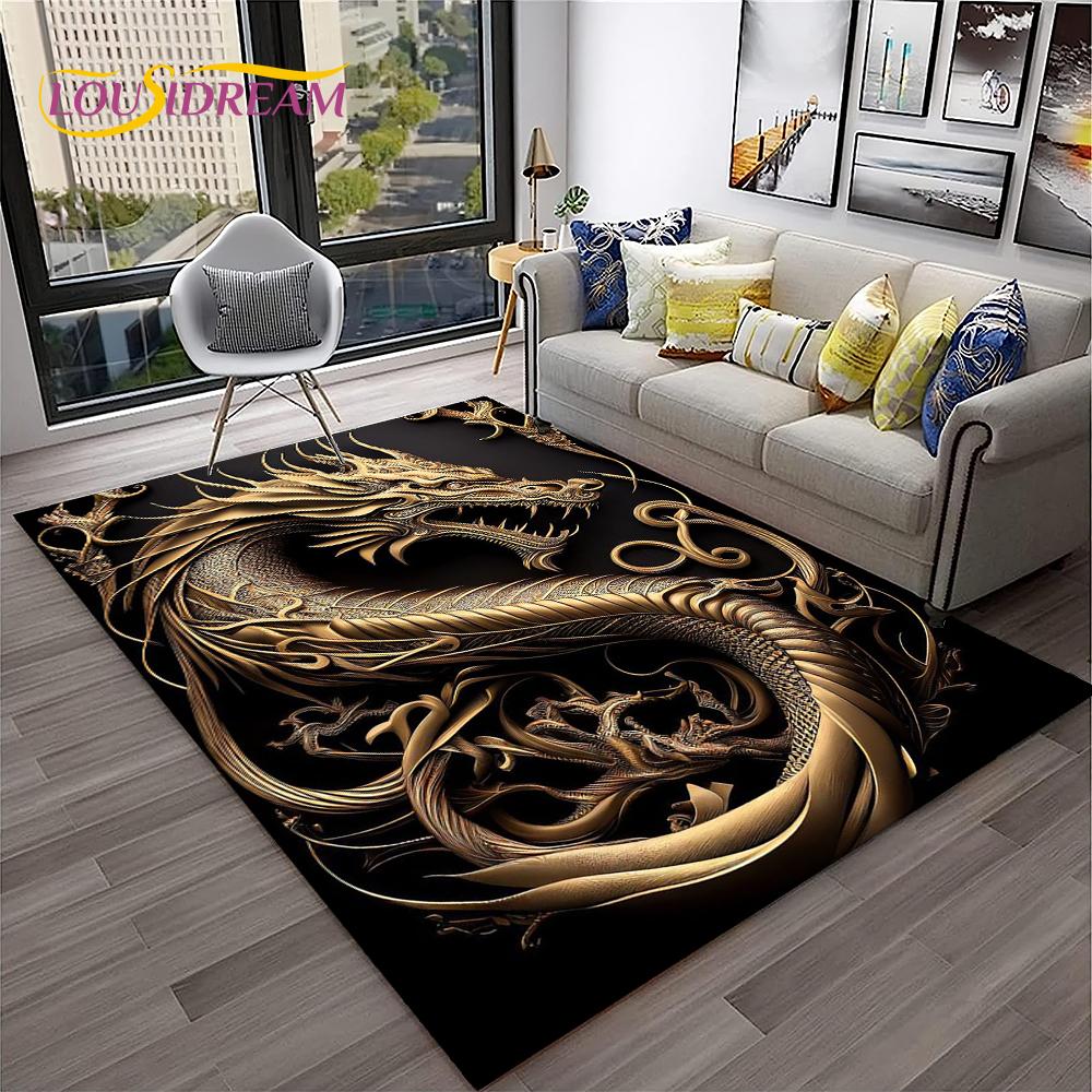3D China Dragon Myth Art Cartoon Carpet Rug for Home Living Room Bedroom Sofa Doormat Decor,Kid Play Area Rug Non-slip Floor Mat