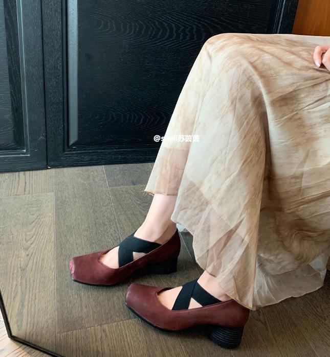 Single Shoes Women's Leather Ballet Shoes Women's Mary Jane Shoes Mid-heel Cross with Square Head Retro Light Mouth Thick Heel Soft Sole Dance