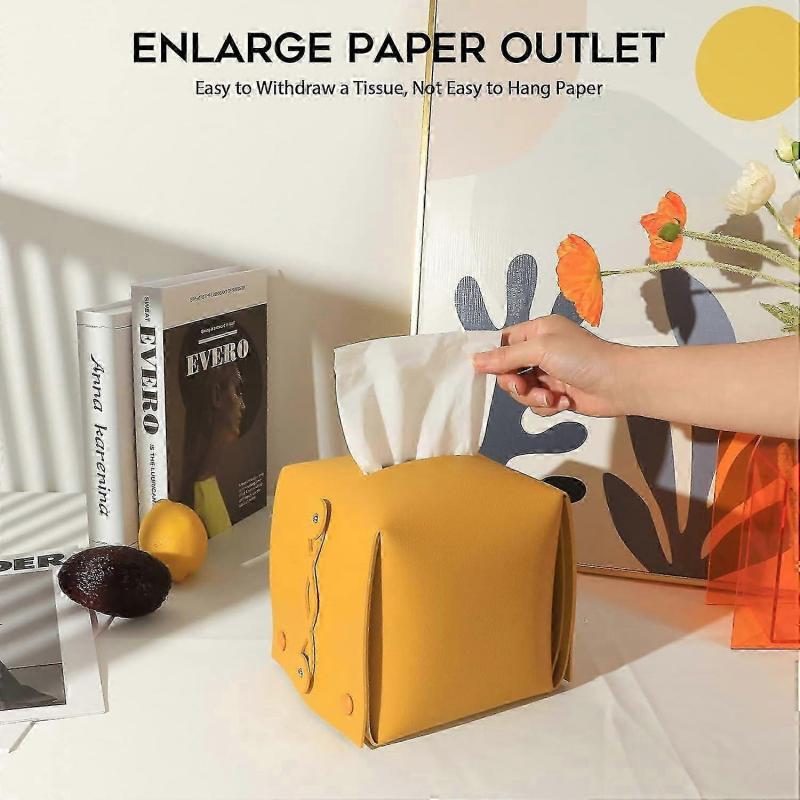 Leather Tissue Box Holder Rectangular Square, Tissue Box Cover Dispenser (Yellow)
