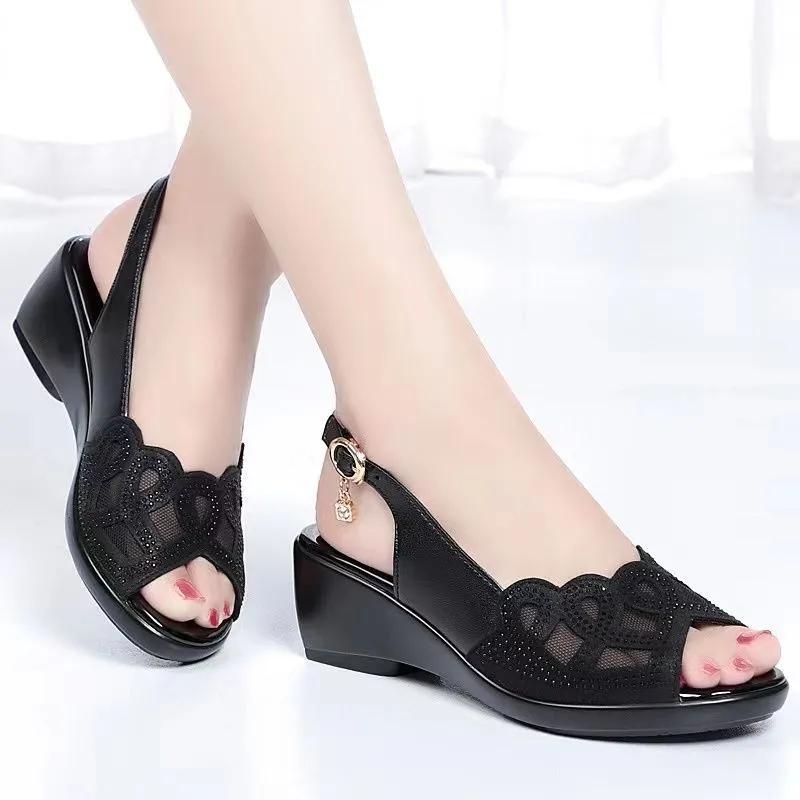 Mesh Sandals Women's High Heeled Fish Beak Sandals Hollowed Out Soft Soles and Thick Heels Work Shoes Summer