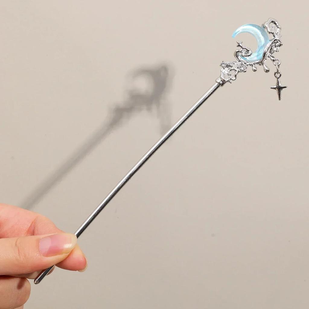 Bastoncini per capelli vintage con stella e pietra di luna, per donne, stile cinese, con nappe a croce, bacchette per capelli, accessori per capelli