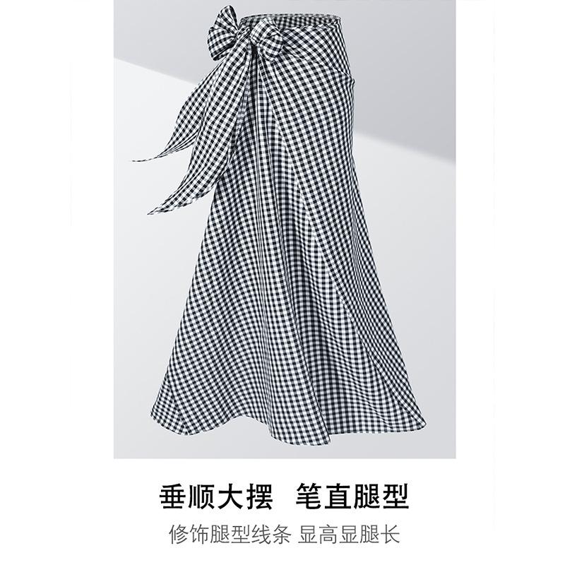 Black and White Plaid Skirt Women's Summer Long Skirt New Summer a Word Strap Retro Long Skirt Wear