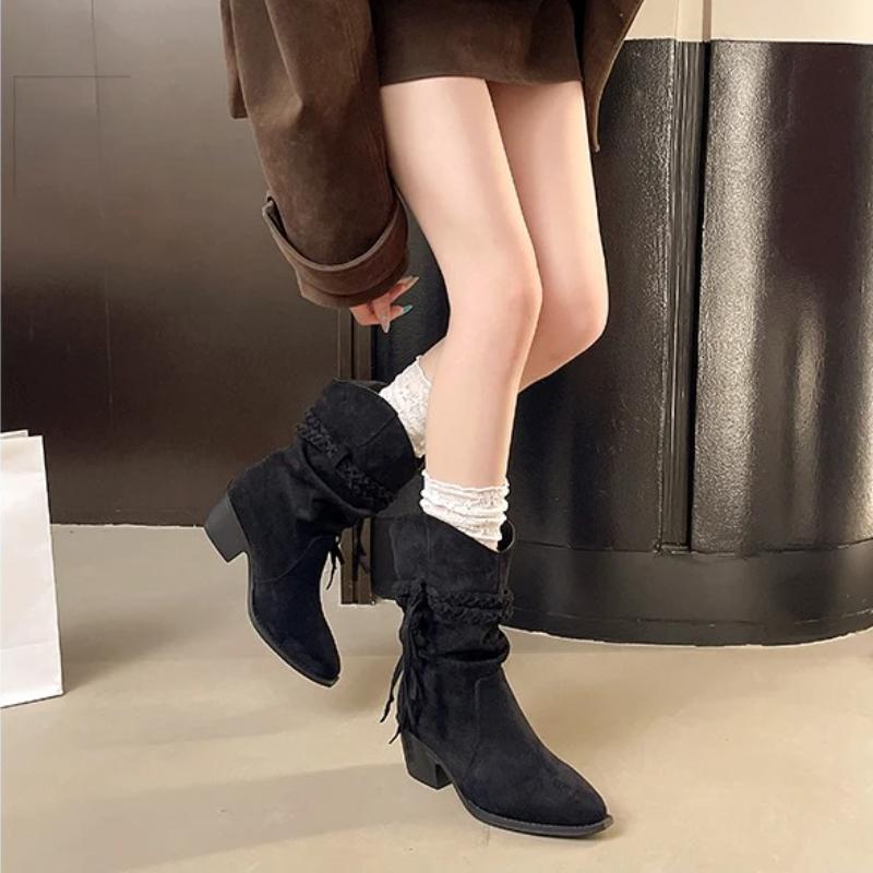 Fashion New Style Spring and Autumn Women's Luxury Retro Fashion Style Fashion Boots Thick Heel Long Tube Slim Stacked Middle Tube Boots