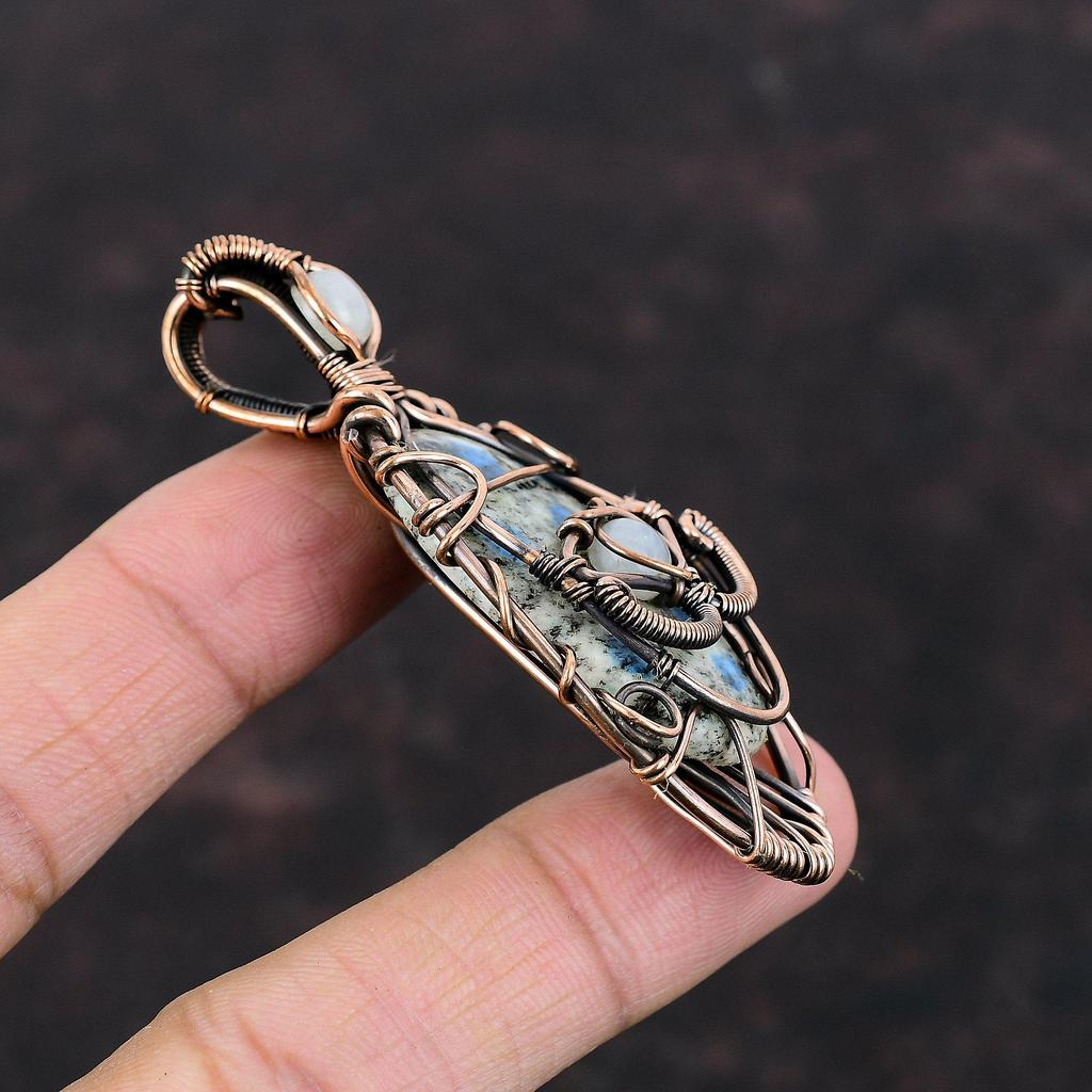 Pingente de jaspe K2 mau olhado, fio de cobre enrolado, pingente de pedra preciosa, joia de cobre, pingente de pedra da lua arco-íris, pingente feito à mão para presente