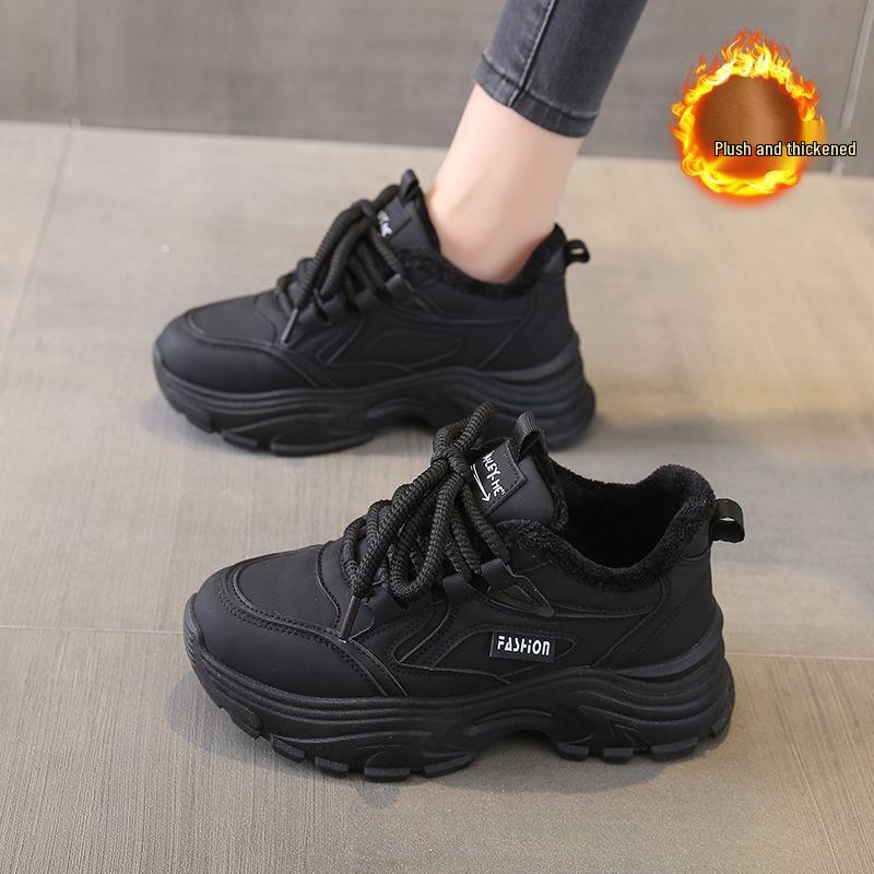 Fleece-Lined Leather Women's Sneakers: Trendy, Lightweight, Height-Boosting Casual Winter Shoes