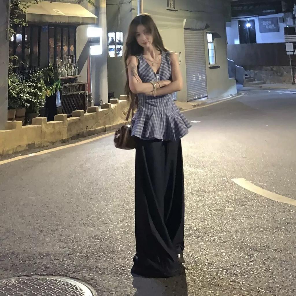 Korean Retro Blue Plaid V-neck Sleeveless Vest Women's Summer New Design Waist Pleated Shirt Top