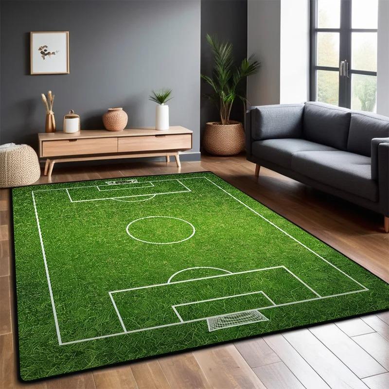 Soccer Pitch Themed Living Room Large Carpet Green Grass White Football Field Line Design Anti-slip Rug for Home Decor