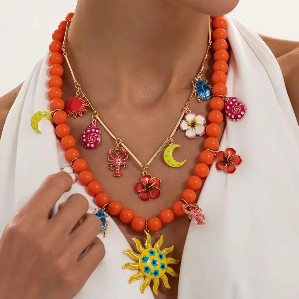 New 2Pcs/Set Bohemia Oil Dripping Flower Pendant Necklace for Women Summer Beach Resin Beads Necklace Y2K Jewelry Gifts New