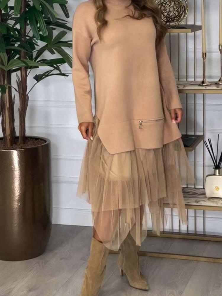 

Повседневное женское платье из сетки пэчворк для осени и зимы 3XL хаки