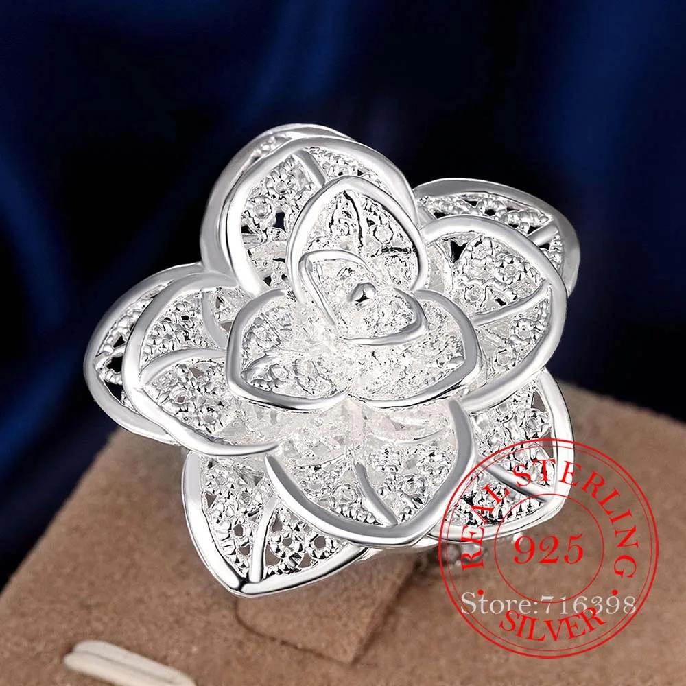 

925 Sterling Silver Big Rose Flower Rings for Women Man Adjustable Fashion Wedding Engagement Party Gift Charm Jewelry One Size
