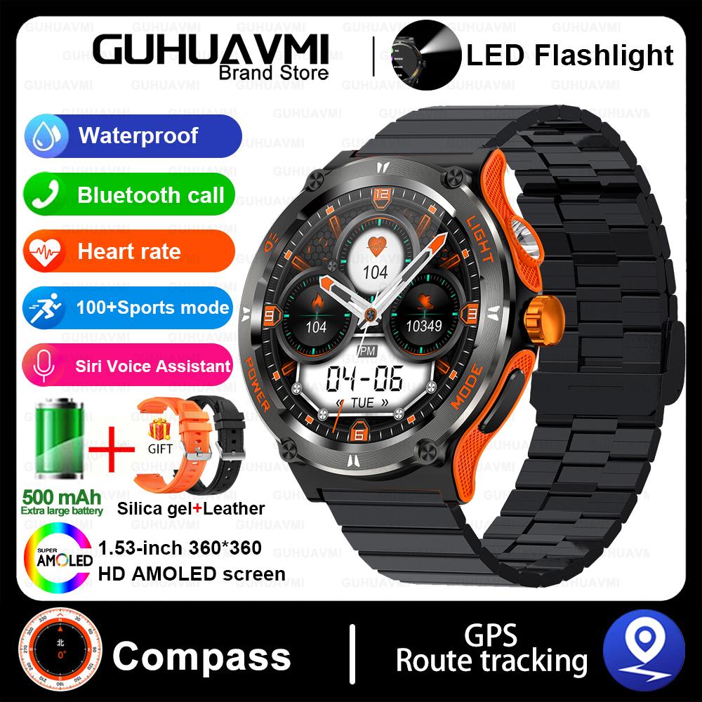 Outdoor Military Smart Watch Men LED Strong Light AMOLED Screen Heart Rate Compass Bluetooth Call 3ATM Waterproof Smartwatch