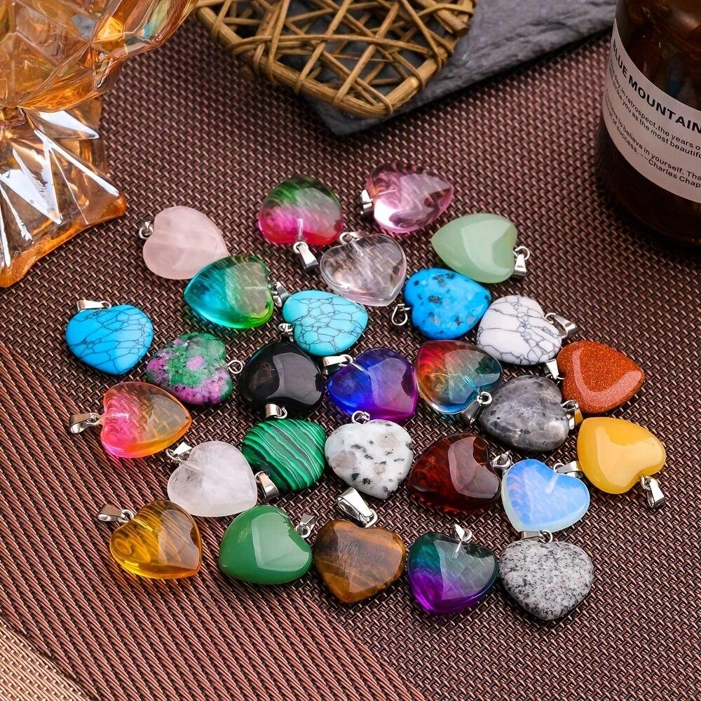10pcs Natural Stone Crystal Heart Pendants Exquisite Jewelry Accessories In Mixed Colors Crystal Healing Stones for Diy Jewelry