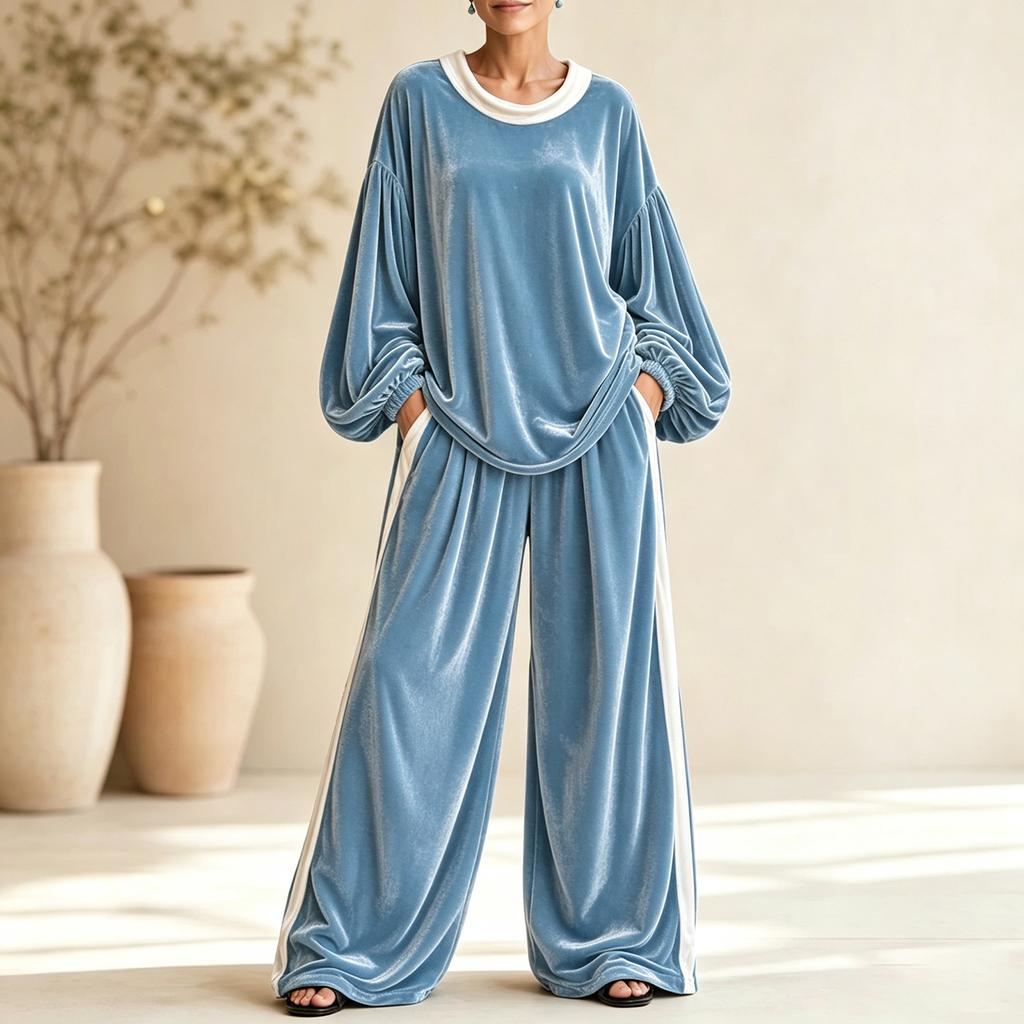 Damen Samt-Set mit Colorblock-Design, Lässiges Zweiteiler-Outfit für den Alltag