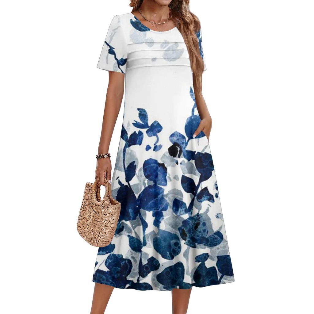 Damenkleid mit Blumenmuster, lässig und modisch, kurzärmelig, Rundhalsausschnitt