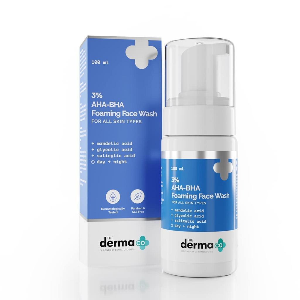 The Derma Co 3% AHA BHA Schäumendes Tägliches Gesichtswaschgel 100 ml Ölfreier Reiniger Für Sanftes Peeling Und Klar Aussehende Haut