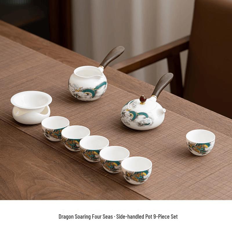 Mutton-fat Jade Dragon Side Handle Ceramic Tea Set