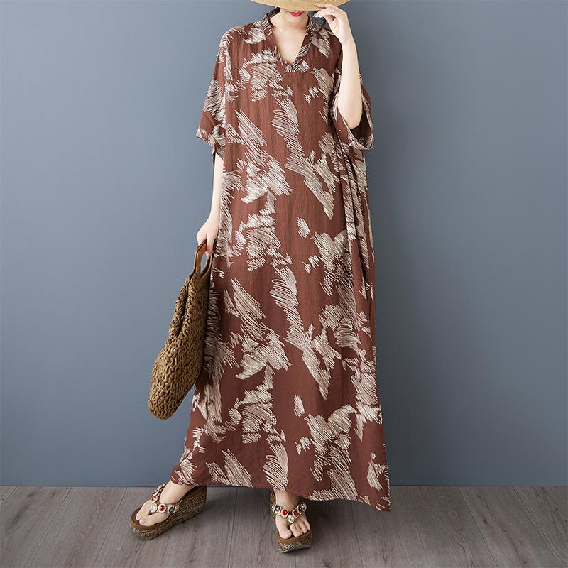 

DIMANAF 2025 Summer Women Plus Size Dress Casual Dress Beach Loose Vintage Printing Basic Long Dress Maxi One Size коричневый