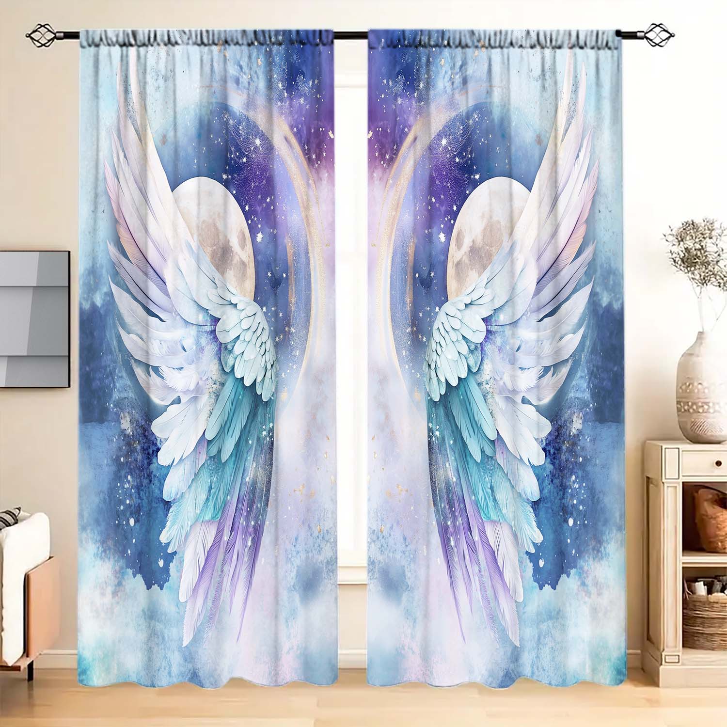 

Artistic Panels Moon Dreamy Wings Printed Curtains Semi Suitable Home Curtain With Pole Pocket Room Darkening Polyester W100*H70(CM)-Grommet top&1PCS