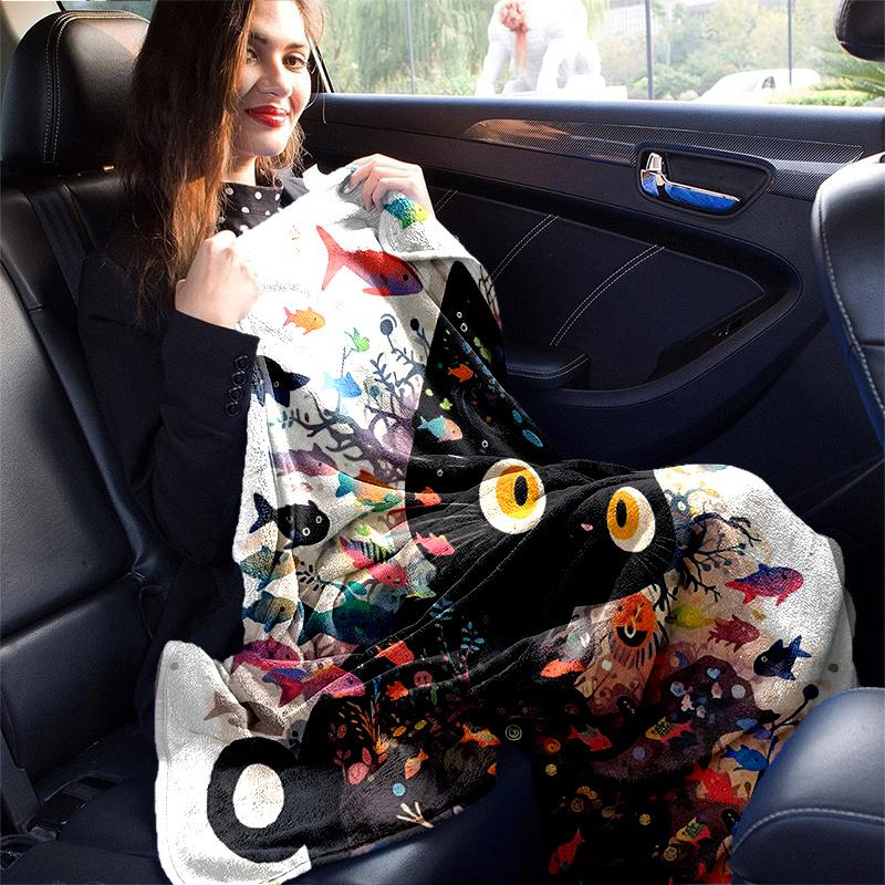 1pc Colorful Fish & Kitten Blanket  Soft Throw for Home Decor, Gift Idea, Living Room, Travel, Camping, Car Blankets