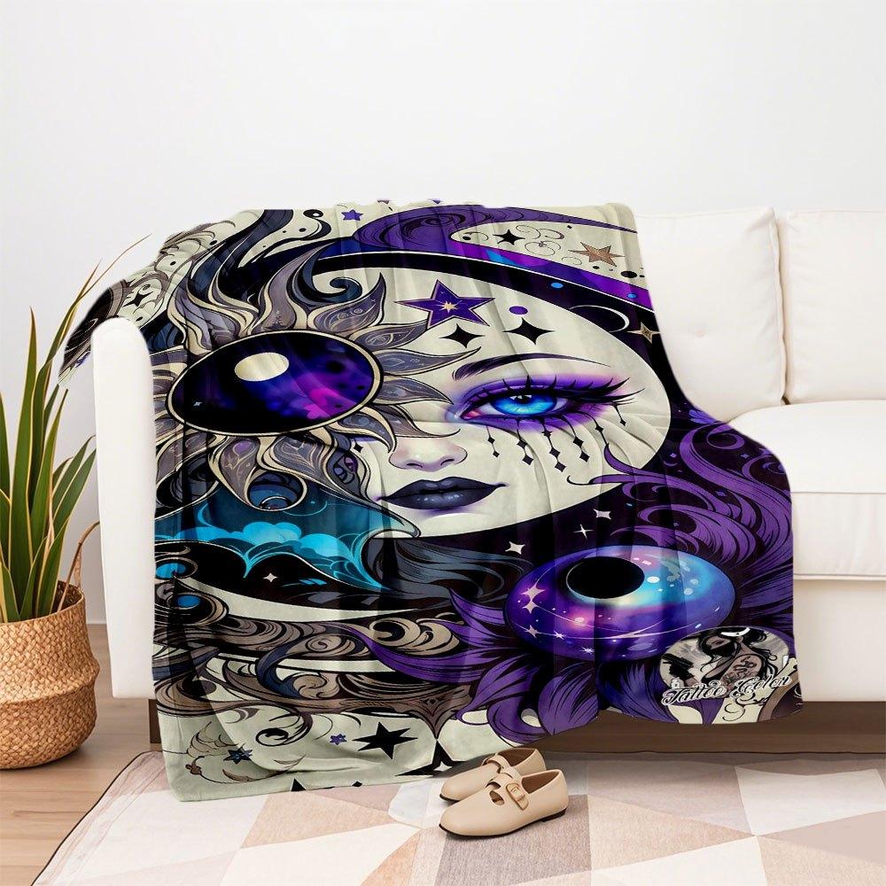 "Galactic Moon Goddess Tattoo Design Art Print"Blanket Flannel Throw Blanket for Sofa, Bed, Travel, Camping, Office