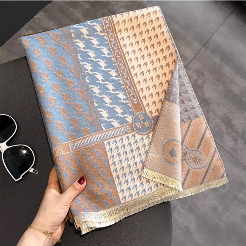 

2024 Women s Houndstooth Imitation Cashmere Scarf: Versatile Luxurious Warm Shawl & Thick Double-Sided Snood 65*180cm