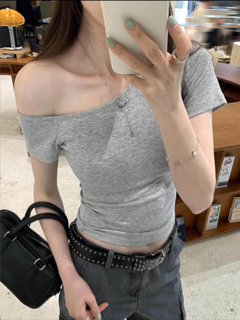 One-word slanted shoulder short top women's elastic waist pinched shoulder T-shirt summer gentle atmosphere short-sleeved Spice Girls shirt