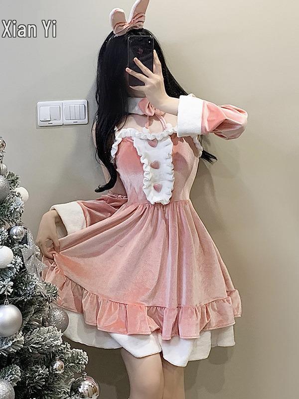 Reindeer-Themed Sexy Fur Lingerie Three-Piece Set for Women