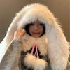 Furry Plush Hooded Hat Adult Lovely Balaclava Hat with Long Rabbits Ear 2000s Teens Girl Winter Warm Scarf Hat Daily Use