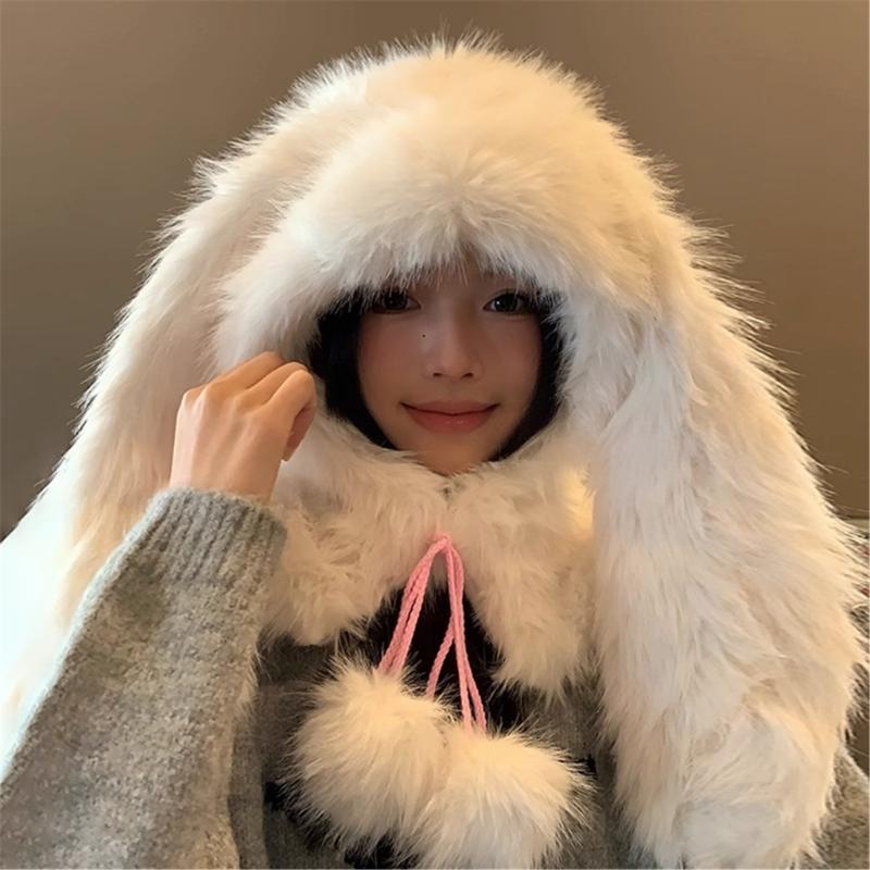 Furry Plush Hooded Hat Adult Lovely Balaclava Hat with Long Rabbits Ear 2000s Teens Girl Winter Warm Scarf Hat Daily Use