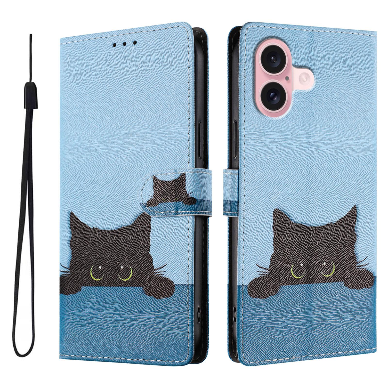 

For iPhone 16 Case Pattern Print PU Leather Wallet Phone Cover with Wrist Strap