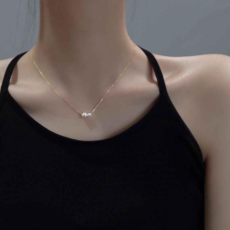 

925 Stering Silver Two Pearl Necklace Pendant for Women Exquisite Luxury Jewelry Collarbone Chain Gift Accessories 45cm золотой