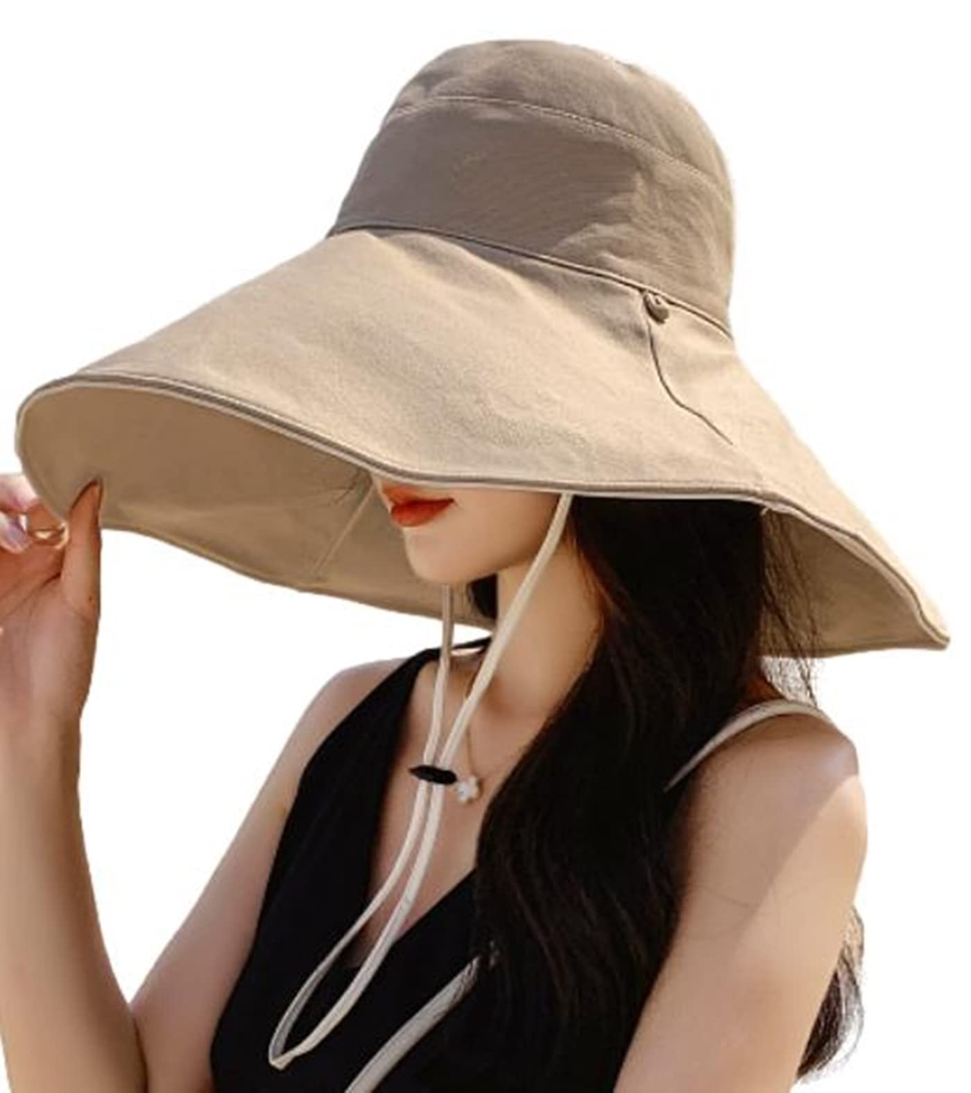 

Широкополая летняя шляпа от солнца с защитой от УФ-лучей и подбородочным ремешком, двусторонняя [Aquamie], Поля, Складная, От солнца, Женская шляпа, Защита, Защита, Ремешок, Хлопок, (Бежево-коричневый)