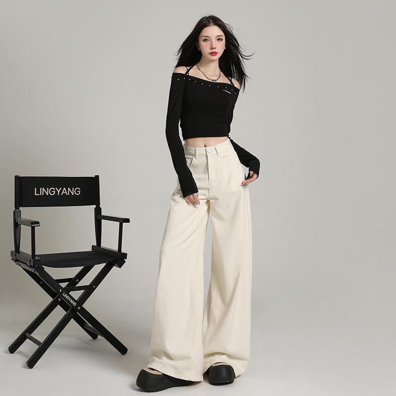 Women's High-Waisted Wide-Leg White Jeans - 2025 Autumn Collection, Loose Fit, Floor-Length, Slimming Casual Style