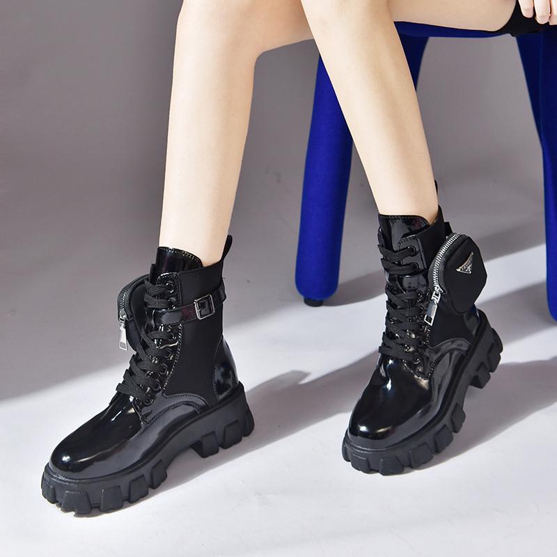 

модные модные карманные дизайнерские ботинки женские средней длины на толстой подошве с плюшевыми белыми ботинками для женщин с короткими ботильонами 42 чёрный