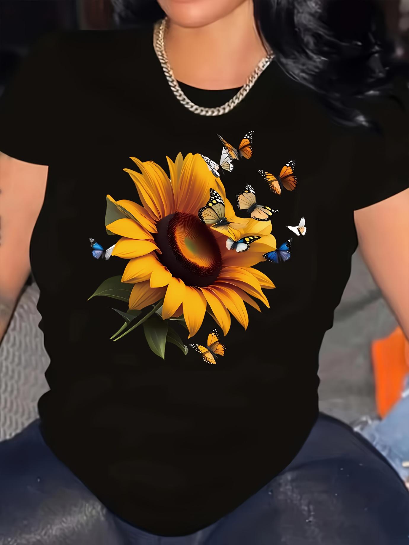 

Women Black Sunflower Butterfly Print TShirt Semi Formal Top Vibrant Yellow Sunflower Brown Butterfly Design Aesthetic Clothes S