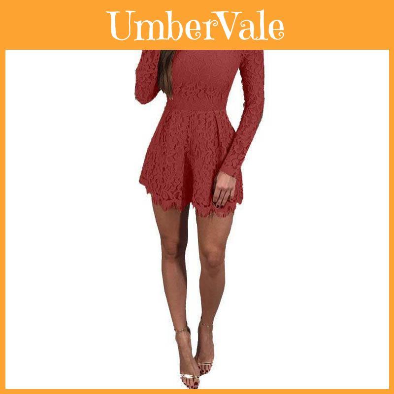 Fashion Womens Elegant Casual Romper Dress Lace Long Sleeve Sexy Short Jumpsuit