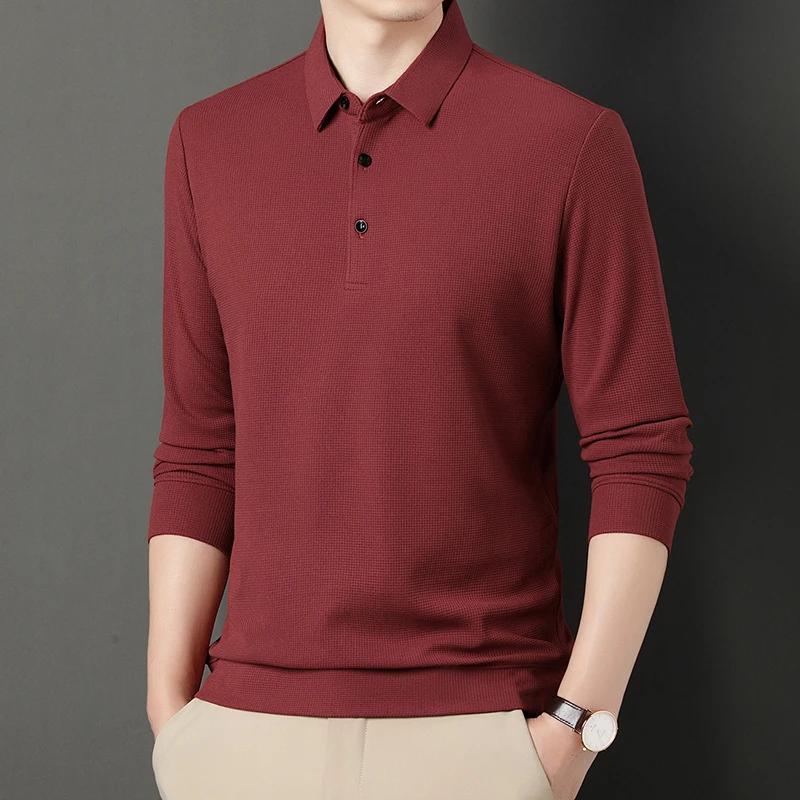 Spring Autumn Waffle Men's Long-sleeved Polo Shirt Business Casual Slim Top Classic Solid Color Male Brand Tees