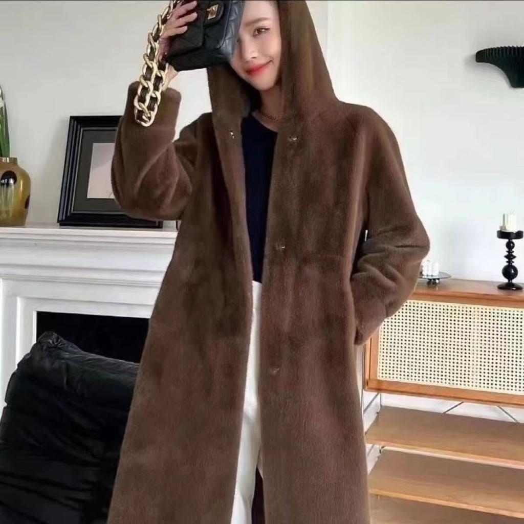 Women Faux Fur Coat Solid Hooded Long Fur Coat Fluffy Luxury Loose Casual Outerwear Winter
