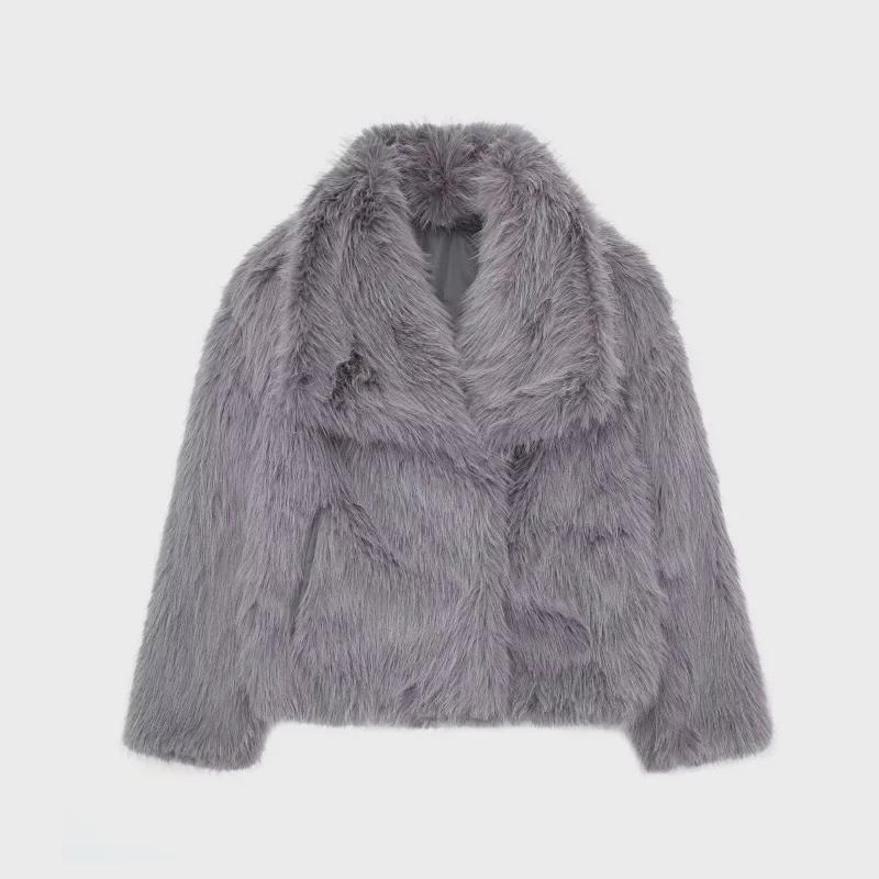 Women's Black Imitation Leather Lamb Wool Coat - Autumn/Winter 2024 Collection