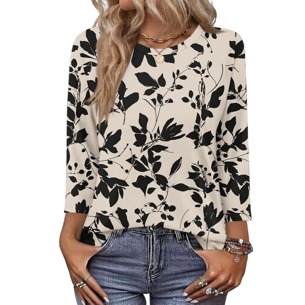 343/4 Sleeve Shirts For Women Cute Print Graphic Tees Blouses Casual Plus Size Basic Tops Pullover