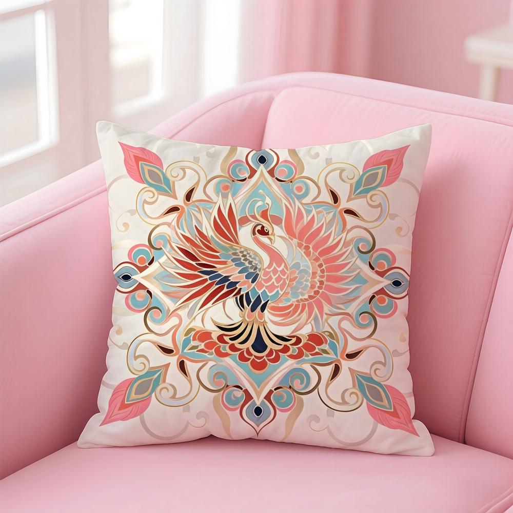 Chinese Phoenix Pattern Cushion Cover Linen Pillowcase Cover Soft Decor for Sofa Home Room