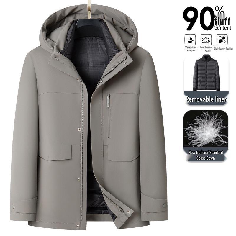 Men's Hooded Down Jacket with Removable Liner, 3-in-1 Design for Middle-Aged and Elderly.