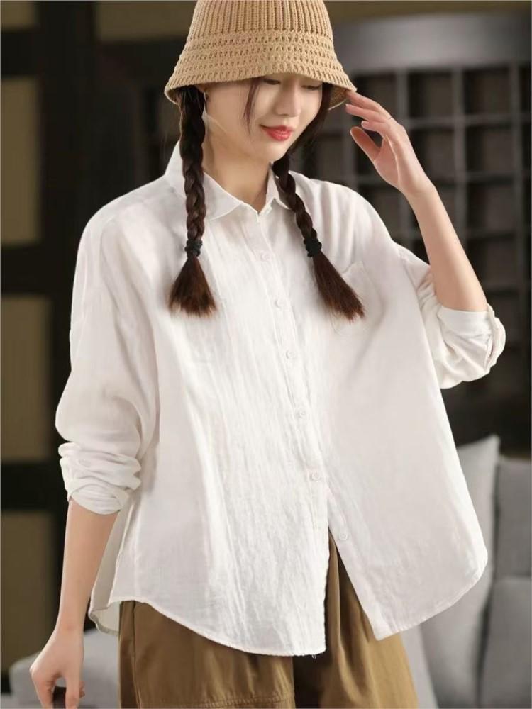 

Johnature Женские повседневные весенние рубашки, топы, однотонные, с отложным воротником, с длинным рукавом, блузки, рубашки на пуговицах One Size белый