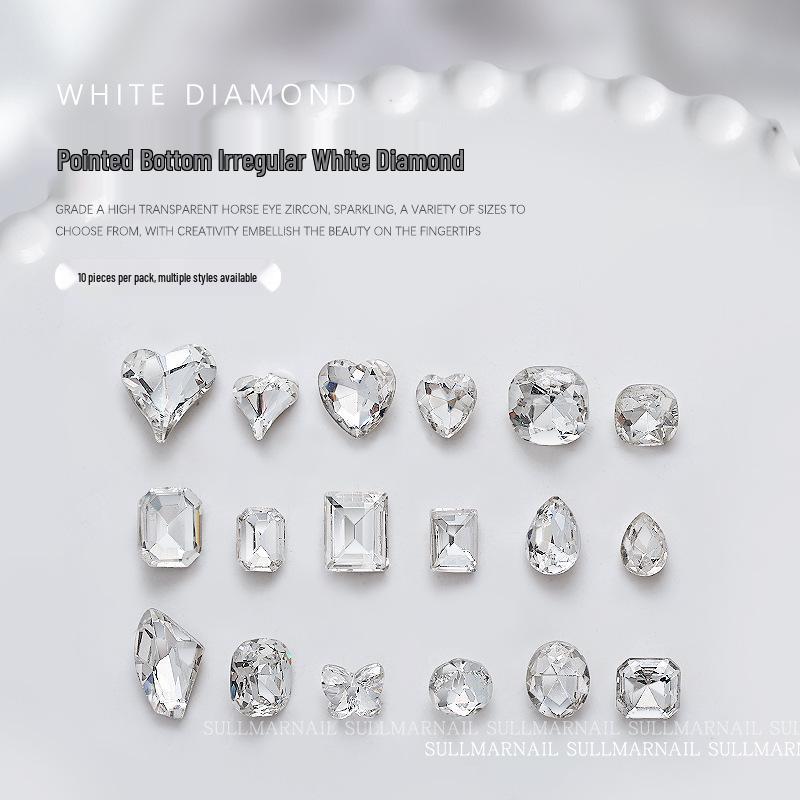 Nail Art Rhinestones Set: Heart, Crooked Heart, White Diamond, Peach Heart, Square, and Transparent Shapes (10 Pieces)