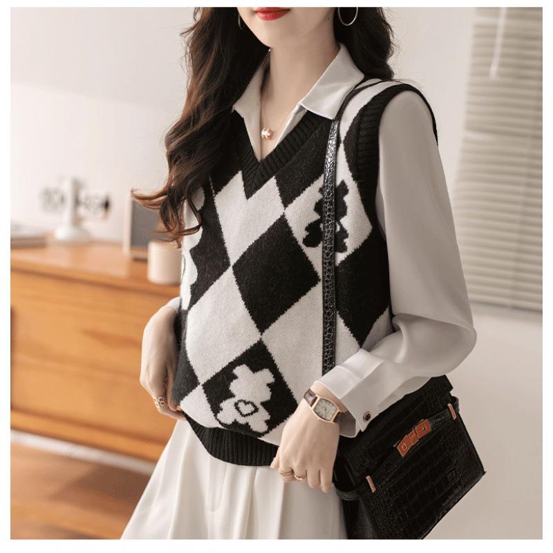 

Жіночий в язаний вовняний картатий жилет - Весняно-літній светр-жилет One Size чорний