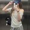One-word Shoulder Off-the-shoulder Short-sleeved T-shirt Women's Clothing Summer New Niche Cartoon Kitten Design Casual Loose Top