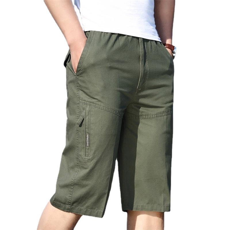 Summer New Men's Elastic Waist Solid Color Cropped Pants Large Size Fat Man Tooling Pure Cotton Outdoor Leisure Sports Shorts