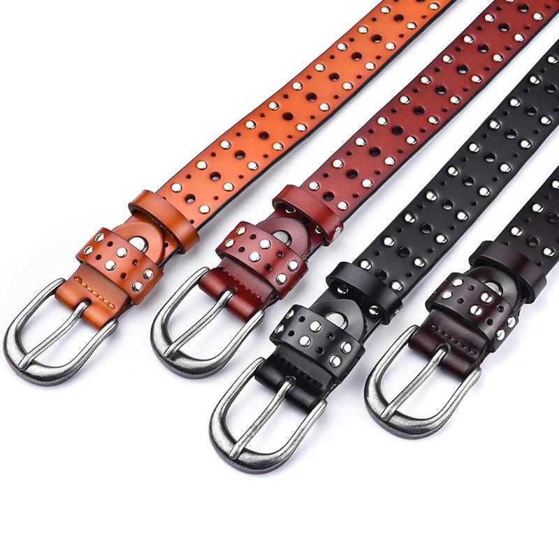 

Women s Genuine Leather Pin Buckle Belt with Hollow-Out Rivet Decor for Trousers 110 cm чёрный
