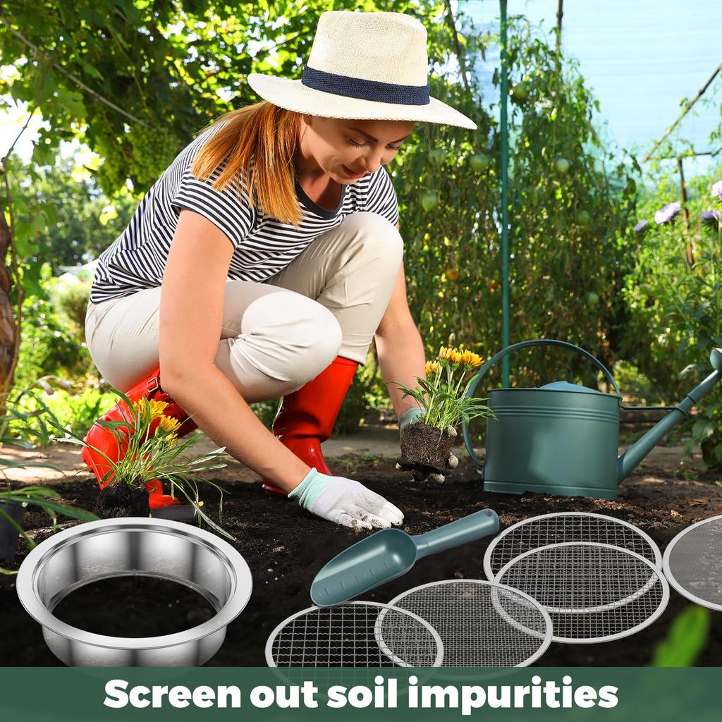 Garden Soil Sieve Set Stainless Steel Rock Sifter Screen with 1/3/6/9/12 mm Replaceable Sieve Mesh Garden Plant Nursery Tools